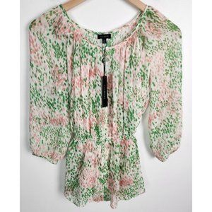 Talbots Women's Sz. 4 Silk Pink & Green Waist Tie 3/4 Sleeve Blouse NWT
